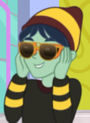 Size: 528x720 | Tagged: safe, screencap, waldo whereabout, dashing through the mall, equestria girls, equestria girls series, g4, holidays unwrapped, spoiler:eqg series (season 2), background human, clothes, cropped, glasses, glasses on glasses, hat, male, smiling, solo