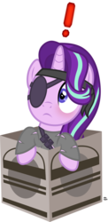 Size: 922x1897 | Tagged: safe, artist:anime-equestria, starlight glimmer, pony, unicorn, g4, big boss, blushing, box, caught, clothes, cute, exclamation point, eyepatch, female, headband, horn, mare, metal gear, metal gear solid, naked snake, pony in a box, pouch, ripped, simple background, solid snake, solo, transparent background, vector
