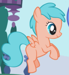 Size: 841x912 | Tagged: safe, screencap, peachy petal, pegasus, pony, friendship is magic, g4, background pony, blank flank, cropped, female, filly, flying, foal, smiling, solo