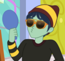 Size: 767x720 | Tagged: safe, screencap, waldo whereabout, human, dashing through the mall, equestria girls, equestria girls specials, g4, my little pony equestria girls: better together, my little pony equestria girls: holidays unwrapped, canterlot mall, clothes, cropped, glasses, glasses on glasses, male, mirror, solo