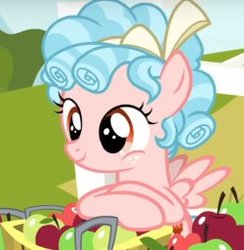 Size: 250x256 | Tagged: safe, screencap, cozy glow, pony, g4, marks for effort, apple, barrel, cozybetes, cropped, cute, female, food, pure concentrated unfiltered evil of the utmost potency, pure unfiltered evil, solo