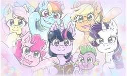 Size: 854x512 | Tagged: safe, artist:marshmallowbreeze, applejack, fluttershy, pinkie pie, rainbow dash, rarity, spike, twilight sparkle, alicorn, dragon, earth pony, pegasus, pony, unicorn, g4, book, chest fluff, cute, ear fluff, end of ponies, female, looking at you, male, mane seven, mane six, mare, open mouth, twilight sparkle (alicorn)