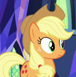 Size: 678x685 | Tagged: safe, screencap, applejack, earth pony, pony, g4, the last laugh, cropped, female, freckles, mare, solo