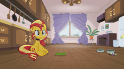 Size: 640x360 | Tagged: safe, artist:brutalweather studio, sunset shimmer, pony, unicorn, g4, adorable distress, animated, behaving like a cat, cat scared of cucumber, collar, commission, cucumber, cute, female, food, gif, i can't believe it's not hasbro studios, mare, nyanset shimmer, pony pet, scared, shimmerbetes, show accurate, solo