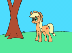 Size: 516x382 | Tagged: safe, artist:7exor, applejack, bee, insect, pony, g4, animated, bad idea, beehive, female, frame by frame, gif, not the bees, pun, pwned, stupidity, tree, visual pun, wasp nest