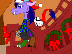 Size: 1024x768 | Tagged: safe, artist:wolfspiritclan, oc, oc:adean the draconequus, oc:stormy nights, draconequus, christmas, christmas decoration, draconequus form, draconequus oc, draconequussona, hat, hearth's warming, hearts warming eve, holiday, original character do not steal, santa hat, self insert, song reference