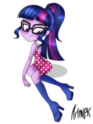 Size: 1536x2048 | Tagged: safe, artist:artmlpk, sci-twi, twilight sparkle, equestria girls, g4, boots, cute, female, high heel boots, high heels, looking down, shoes, short dress, simple background, sitting, solo, twiabetes, white background