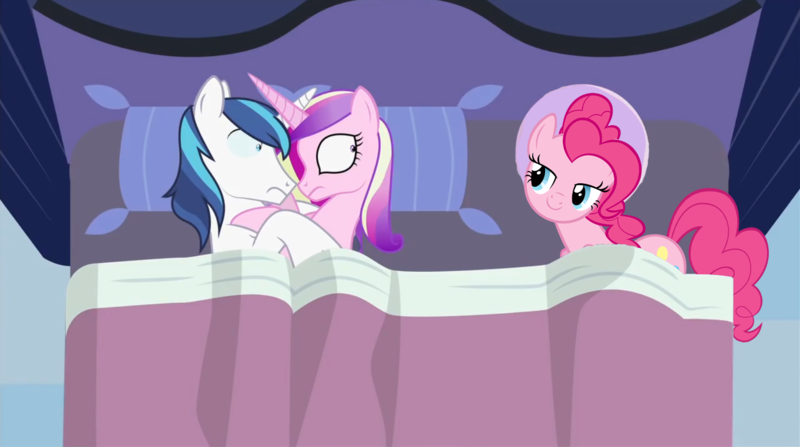 2220972 - after the fact, artist:mlp-silver-quill, bed, bedroom eyes,  female, horn, horns are touching, implied sex, male, mare, pillow, pinkie  pie, princess cadance, shining armor, somepony sleeps next to shining armor  and