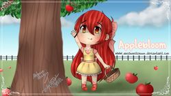 Size: 1024x576 | Tagged: safe, artist:abichobitsmoon, apple bloom, human, g4, adorabloom, apple, apple tree, basket, chibi, clothes, cute, female, food, humanized, solo, tongue out, tree