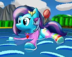 Size: 1006x794 | Tagged: safe, artist:bladedragoon7575, oc, oc only, oc:cirrus updraft, oc:mobian, inflatable pony, pony, balloon, cute, hug, inflatable, lake, ponies riding ponies, pool toy, riding, ych result