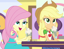 Size: 1405x1080 | Tagged: safe, screencap, applejack, fluttershy, dashing through the mall, equestria girls, equestria girls series, g4, holidays unwrapped, spoiler:eqg series (season 2), applejack's hat, canterlot mall, cowboy hat, cropped, cute, drinking straw, duo, duo female, female, geode of fauna, geode of super strength, hat, ice cream soda, jackabetes, lidded eyes, magical geodes, open mouth, shyabetes, smiling, table