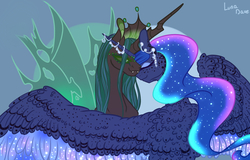 Size: 1400x895 | Tagged: safe, artist:luna dave, princess luna, queen chrysalis, alicorn, changeling, changeling queen, pony, g4, a better ending for chrysalis, chrysaluna, colored wings, female, horn, horn jewelry, jewelry, lesbian, shipping, spotted, wing fluff, wings