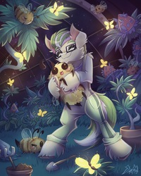 Size: 2000x2500 | Tagged: safe, artist:alexbluebird, oc, oc only, oc:enigma, bee, butterfly, earth pony, insect, pony, adorable face, bipedal, clothes, cuddling, cute, daaaaaaaaaaaw, ear fluff, fluffy, garden, glasses, glowing, high res, hug, male, ocbetes, plant, smiling, solo, space, space station 13, weapons-grade cute