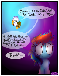 Size: 3500x4500 | Tagged: dead source, safe, artist:becauseimpink, gilda, rainbow dash, griffon, pegasus, pony, comic:transition, g4, abstract background, comic, dialogue, female, filly, filly rainbow dash, guilder, rule 63, sad, speech, transgender, younger