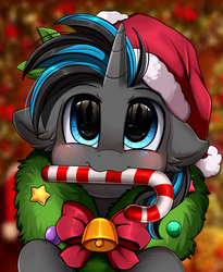 Size: 1446x1764 | Tagged: safe, artist:pridark, oc, oc only, oc:blaze, pony, unicorn, bell, blushing, candy, candy cane, christmas, commission, cute, food, hat, holiday, mouth hold, ocbetes, pridark's christmas ponies, santa hat, solo, wreath, ych result