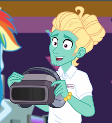 Size: 613x676 | Tagged: safe, screencap, rainbow dash, zephyr breeze, human, dashing through the mall, equestria girls, equestria girls specials, g4, my little pony equestria girls: better together, my little pony equestria girls: holidays unwrapped, cropped, male, offscreen character, vr headset