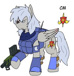 Size: 1997x2048 | Tagged: safe, artist:omegapony16, oc, oc only, oc:oriponi, pegasus, pony, armor, clothes, eyepatch, gun, hoof hold, male, pegasus oc, raised hoof, simple background, soldier, solo, stallion, vest, weapon, white background, wings