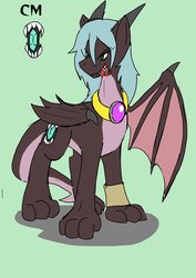 Size: 1451x2048 | Tagged: safe, artist:omegapony16, oc, oc only, oc:oriponi, dracony, dragon, hybrid, pony, blood, fangs, grin, jewelry, male, necklace, one wing out, sharp teeth, simple background, smiling, solo, teeth, wings, wristband