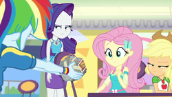 Size: 1920x1080 | Tagged: safe, screencap, applejack, fluttershy, rainbow dash, rarity, human, dashing through the mall, equestria girls, equestria girls series, g4, holidays unwrapped, spoiler:eqg series (season 2), applejack is not amused, applejack's hat, bad gift wrapping, burger, canterlot mall, cowboy hat, female, food, geode of fauna, geode of shielding, geode of super strength, gift giving, hat, magical geodes, present, rarity is not amused, rarity peplum dress, side eye, unamused