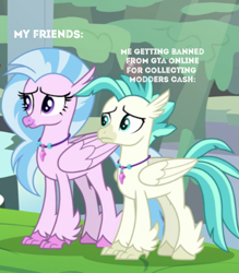 Size: 449x512 | Tagged: safe, edit, edited screencap, screencap, silverstream, terramar, hippogriff, pony, g4, student counsel, caption, cropped, gta online, meme, this will end in tears