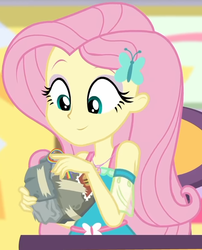 Size: 618x765 | Tagged: safe, screencap, fluttershy, dashing through the mall, equestria girls, equestria girls specials, g4, my little pony equestria girls: better together, my little pony equestria girls: holidays unwrapped, bad gift wrapping, burger, canterlot mall, chair, clothes, cropped, cute, dress, female, flower, fluttershy boho dress, food, geode of fauna, gift giving, gift wrapped, hairclip, jewelry, looking down, magical geodes, mall, necklace, present, shyabetes, sitting, smiling, stamp, table, waistband