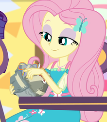 Size: 949x1080 | Tagged: safe, screencap, fluttershy, dashing through the mall, equestria girls, equestria girls specials, g4, my little pony equestria girls: better together, my little pony equestria girls: holidays unwrapped, bad gift wrapping, burger, canterlot mall, chair, clothes, cropped, cute, dress, female, flower, fluttershy boho dress, food, geode of fauna, gift giving, gift wrapped, hairclip, jewelry, magical geodes, mall, necklace, present, shyabetes, sitting, stamp, table, waistband