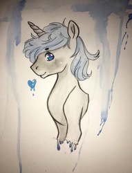 Size: 1477x1936 | Tagged: safe, oc, oc only, oc:frozen love, pony, unicorn, blue, blue eyes, happy, head, heart, melting, photo, rule 63, smiling, smiling at you, solo, traditional art, watercolor painting