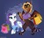 Size: 1280x1097 | Tagged: safe, artist:hattiezazu, rarity, oc, oc:zazush, dragon, pony, unicorn, g4, abstract background, clothes, dragoness, duo, female, hoodie, leg warmers, magic, mare, shopping bag, telekinesis