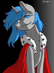 Size: 1470x1962 | Tagged: safe, oc, oc only, oc:frozen love, pony, unicorn, blue eyes, cloak, clothes, digital art, female, fluffy, happy, in the dark, majestic, mare, pure evil, red cloak, rule 63, sitting, smiling, solo, world domination