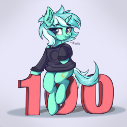 Size: 2800x2800 | Tagged: safe, artist:lakunae, lyra heartstrings, pony, unicorn, semi-anthro, g4, 100, arm hooves, clothes, congratulations, cute, cyrillic, female, high res, mare, messy mane, meta, simple background, sitting, sitting lyra, solo, sweater, twitter