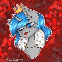 Size: 2030x2043 | Tagged: safe, oc, oc only, oc:frozen love, pony, unicorn, blue eyes, bust, cloak, clothes, crown, derp face, digital art, fluffy, golden crown, high res, jewelry, pure evil, regalia, solo, tired, tongue out, world domination