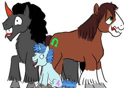 Size: 1057x756 | Tagged: safe, artist:horsesplease, king sombra, party favor, trouble shoes, clydesdale, earth pony, horse, pony, unicorn, g4, behaving like a dog, derp, doggie favor, drunk, drunken shoes, friesian horse, labradoodle, panting, simple background, sombra dog, tongue out, unshorn fetlocks, white background
