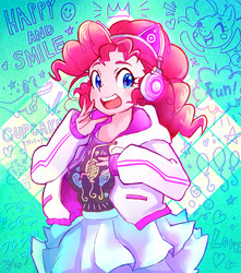 Size: 1000x1132 | Tagged: safe, artist:hobilo, pinkie pie, human, equestria girls, g4, cat ears, clothes, cute, diapinkes, female, headphones, jacket, looking at you, miniskirt, moe, open mouth, skirt, solo