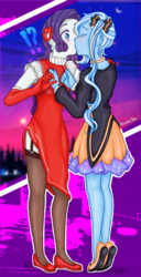 Size: 1216x2375 | Tagged: safe, artist:starwantrix, rarity, trixie, human, fanfic:great and powerful darling, equestria girls, g4, blushing, bow, clothes, dress, duo, exclamation point, female, gloves, interrobang, kiss on the lips, kissing, lesbian, question mark, rarixie, shipping, standing, surprise kiss, surprised, tiptoe