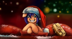Size: 940x511 | Tagged: safe, artist:bluefire, oc, oc only, oc:biscuit carroty, pony, blue hair, christmas, femboy, hat, holiday, male, merry christmas, palindrome get, present, santa hat, smiling, solo, starry eyes, trap, wingding eyes
