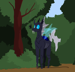 Size: 1062x1030 | Tagged: safe, artist:xander, changeling, spider, everfree forest, forest, scared, solo, standing, tree
