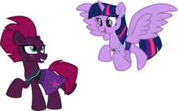 Size: 10343x6459 | Tagged: safe, alternate version, artist:ejlightning007arts, edit, fizzlepop berrytwist, tempest shadow, twilight sparkle, alicorn, pony, unicorn, g4, broken horn, clothes, cute, equestria girls outfit, eye scar, female, flying, happy, horn, lesbian, open mouth, redesign, running, sarong, scar, ship:tempestlight, shipping, simple background, smiling, swimsuit, transparent background, twilight sparkle (alicorn), vector