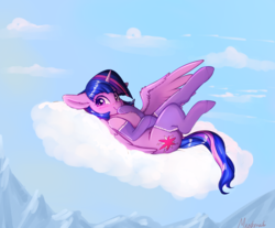 Size: 3218x2661 | Tagged: safe, artist:miokomata, twilight sparkle, alicorn, pony, g4, adorkable, blushing, clothes, cloud, cute, dork, female, high res, lying down, lying on a cloud, mare, on back, sexy, socks, stockings, thigh highs, twiabetes, twilight sparkle (alicorn)