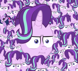 Size: 1100x1000 | Tagged: safe, edit, starlight glimmer, twilight sparkle, pony, g4, :i, floppy ears, i mean i see, multeity, scrunchy face, starlight cluster