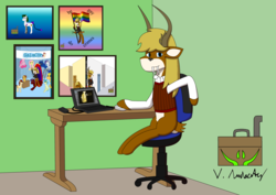 Size: 3506x2481 | Tagged: safe, artist:vol_audacity, oc, oc only, oc:leviathan "vol" audacity, deer, earth pony, hybrid, original species, pony, chair, computer, high res, laptop computer, sitting, solo, table