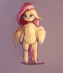 Size: 1946x2250 | Tagged: safe, artist:miokomata, fluttershy, pegasus, semi-anthro, g4, arm hooves, belly button, bipedal, blushing, chest fluff, cute, female, floppy ears, freckles, mare, shyabetes, signature, simple background