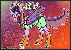 Size: 1024x727 | Tagged: safe, artist:thebigearredbat, oc, oc only, changedling, changeling, changepony, hybrid, colorful background, female, hybrid wings, interspecies offspring, offspring, parent:thorax, parent:twilight sparkle, parents:twirax, solo, wings