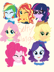 Size: 1500x2000 | Tagged: safe, artist:saltymango, applejack, fluttershy, pinkie pie, rainbow dash, rarity, sci-twi, sunset shimmer, twilight sparkle, equestria girls, g4, alternate clothes, alternate hairstyle, cute, humane five, humane seven, humane six, simple background