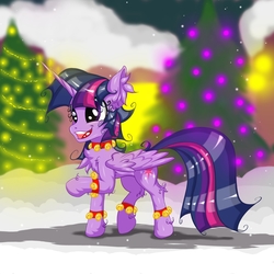 Size: 2500x2500 | Tagged: safe, artist:rurihal, twilight sparkle, alicorn, pony, g4, bell, chest fluff, christmas, christmas tree, ear fluff, female, high res, holiday, snow, snowfall, solo, tree, twilight sparkle (alicorn), winter