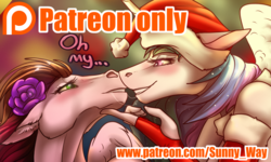 Size: 1672x1000 | Tagged: source needed, useless source url, safe, artist:sunny way, princess celestia, oc, oc:sunny way, alicorn, horse, pegasus, anthro, g4, advertisement, anthro horse, christmas, female, hat, holiday, horn, kissing, lesbian, mare, new year, patreon, patreon exclusive, patreon logo, patreon preview, paywall content, red hat, santa hat, santalestia, smiling, sunnylestia, wet