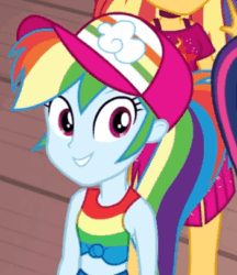 Size: 351x406 | Tagged: safe, screencap, rainbow dash, sci-twi, sunset shimmer, twilight sparkle, equestria girls, equestria girls series, g4, i'm on a yacht, spoiler:eqg series (season 2), animated, cropped, cute, dashabetes, female, geode of super speed, gif, looking at you, magical geodes