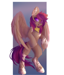 Size: 2383x2782 | Tagged: safe, artist:rokufuro, oc, oc only, oc:asteroid trail, pegasus, pony, bandana, bipedal, female, high res, looking at you, mare, smiling, solo, spread wings, standing, wings, ych result