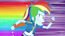 Size: 1920x1080 | Tagged: safe, screencap, rainbow dash, human, dashing through the mall, equestria girls, equestria girls specials, g4, my little pony equestria girls: better together, my little pony equestria girls: holidays unwrapped, canterlot mall, female, geode of super speed, magical geodes, rainbow trail, running, tongue out