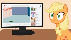Size: 1680x945 | Tagged: safe, artist:forgalorga, applejack, earth pony, pony, your little cat 3, g4, :<, behaving like a cat, computer, cucumber, cute, food, jackabetes, thousand yard stare, youtube