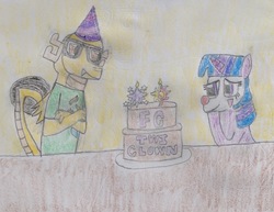 Size: 1511x1165 | Tagged: safe, artist:mr.myoozik, derpibooru exclusive, oc, oc only, oc:myoozik the dragon, oc:twi clown, dragon, pony, unicorn, g4, birthday, birthday art, birthday cake, birthday drawing, cake, candle, clone, clothes, clown makeup, clown nose, crossed arms, cutie mark, cutie mark on clothes, dragon oc, female, food, glasses, hat, male, mare, party hat, photo, plate, red nose, shirt, simple background, sketchbook, smug, table, text, traditional art, yellow background